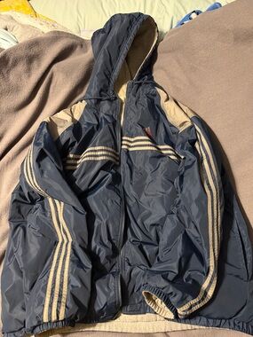 Vintage adidas Navy and Cream Hooded Puffer Jacket